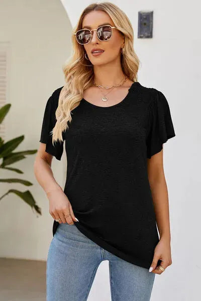 Smocked Round Neck Flutter Sleeve T-Shirt Women's T-Shirts - Tophatter Daily Deals